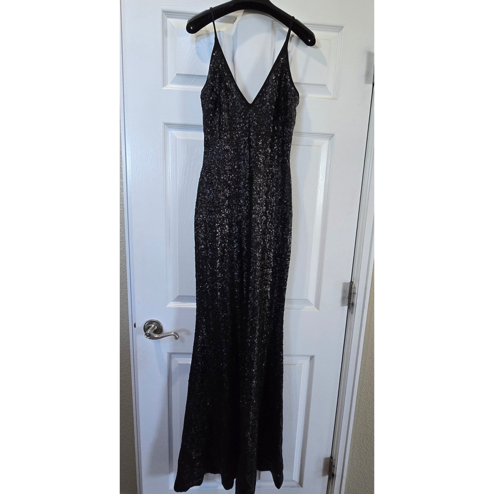 Dress The Population Black Sequin V-Neck Maxi Gown Dress S Made in USA